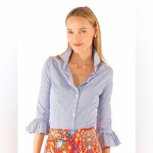 Gretchen Scott ‘Priss’ Blue White Stripe Ruffle Cuff Button-Down Shirt Blouse XS